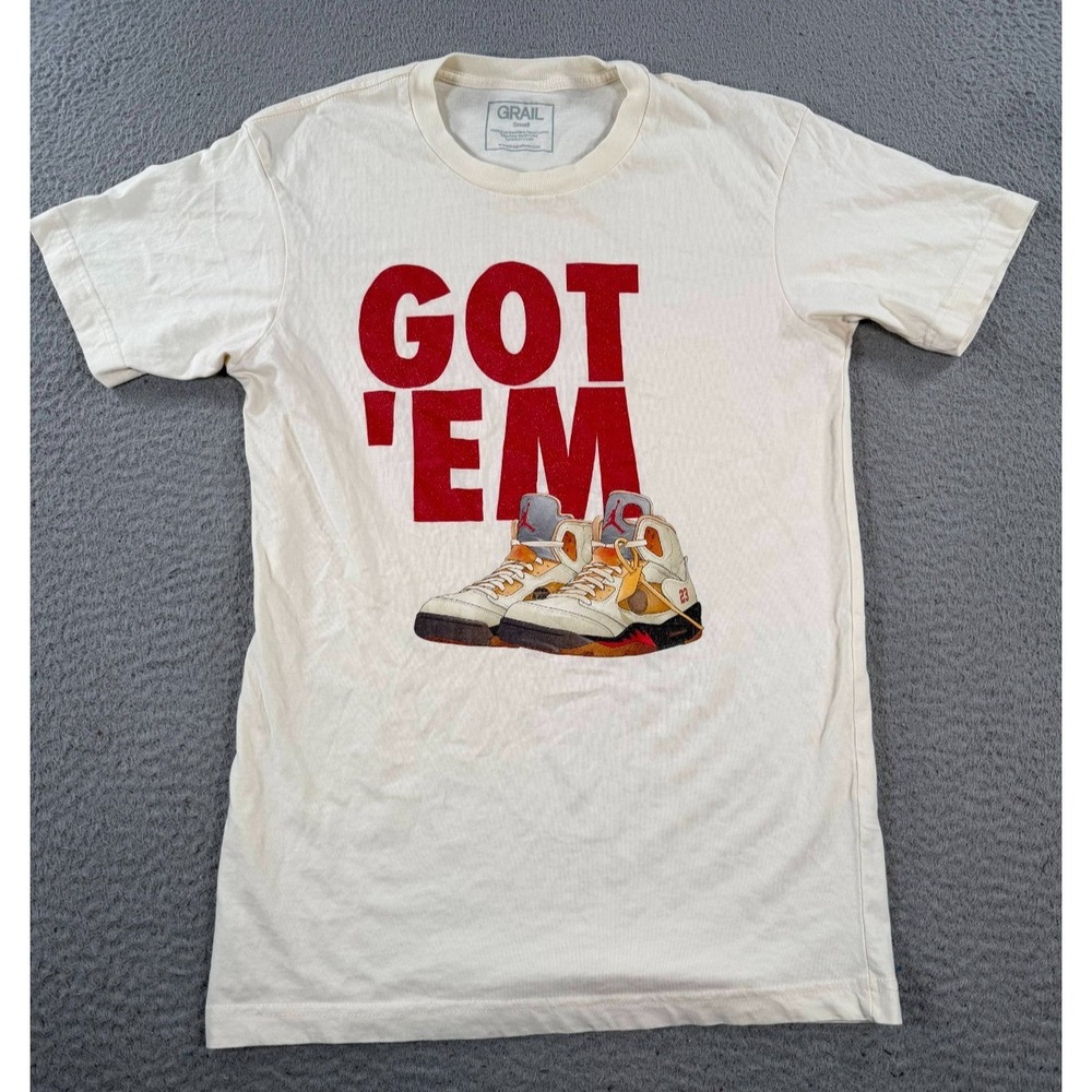 Grail Shirt Mens Small Ivory Short Sleeve Got 'Em Jordan Graphic Tee Crew‎ Neck